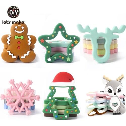 Lets Make 1PC Food Grade Silicone Teether Rodent Pendant Christmas Gift Gingerbread Man Snowflake Christmas Tree Elk Deer