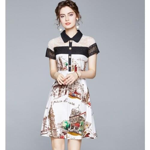 Summer Runway Print Womens Dresses Simple A-line Hollow Out Vestidos Patchwork Lace Slim Casual Office Party Dress k1800