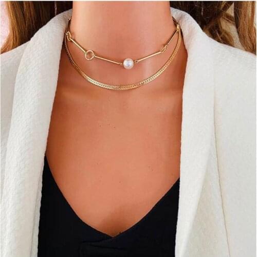 HaHaGirl Layered Pearl Chain Choker Necklace For Women Collar Wedding Toggle Clasp Flat Blade Snake Link Chain Necklace Jewelry