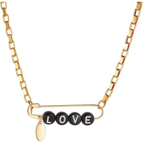 Fashion Chain Creative Black White Beads Pin Pendant Necklace for Women Simple Clavicle Chain Love Babe Letter Printing Pendant