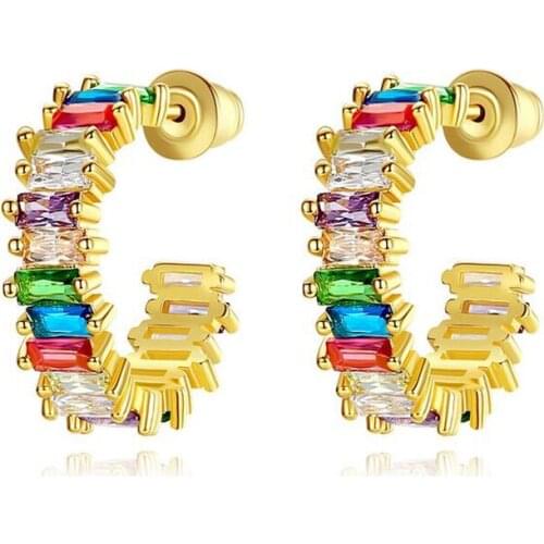 Fashion Rainbow Ear Cuff For Women C-shape Circle Stud Earring Bohemia Ethnic Party Jewelry Zircon Crystal Rhinestone Earrings
