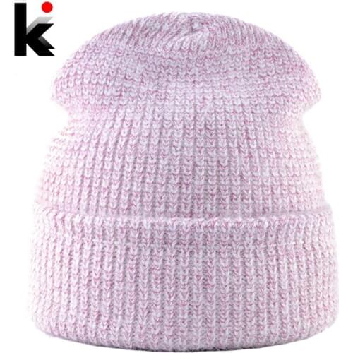 Fashion Winter Beanie Women Solid Color Knitted Shinning Line Hat For Girls Warm Double Lining Skullies Beanies Ladies Knit Cap