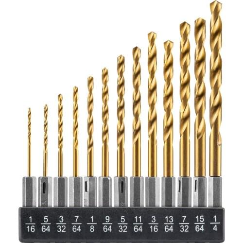 13pcs/set Titanium Twist Drill Bit Set HSS High Speed Steel Coated Drill Bit Set 1/4 Hex Shank 1.5-6.5mm Screwdriver Twist Drill