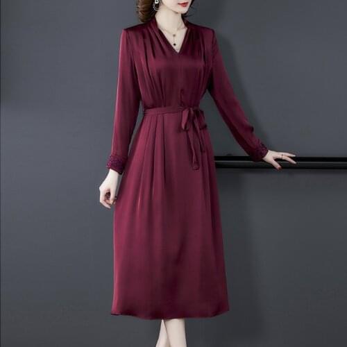Autumn Korean Mulberry Silk Satin Midi Dresses 2021 Vintage 4XL Plus Size Long Sleeve Women Dress Elegant Bodycon Party Vestidos