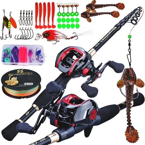Sougayilang Casting Fishing Combo Telescopic Rod and 17+1BB Baitcasting Reel with Fishing Line Lure Fishing Hooks Full Set