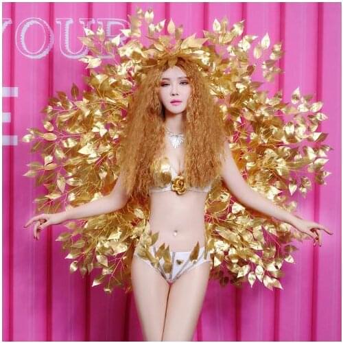 Sexy Gold Performance Bar DJ Singer Wing Bikini Model Show Catwalk fashion Stage Wears Nightclub Female Leading Dancer Costumes