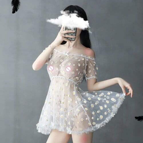 Cute Sexy Lingerie for Women See Through Slutty Clothes Porno Nightdress Perspective Babydoll Dress Erotic Floral Mesh Sleepwear