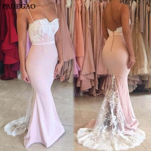 Sexy Evening Dresses Mermaid Prom Dress Spaghetti Strap Sleeveless Sweep Train Lace Appliques Open Back Simple Evening Dress
