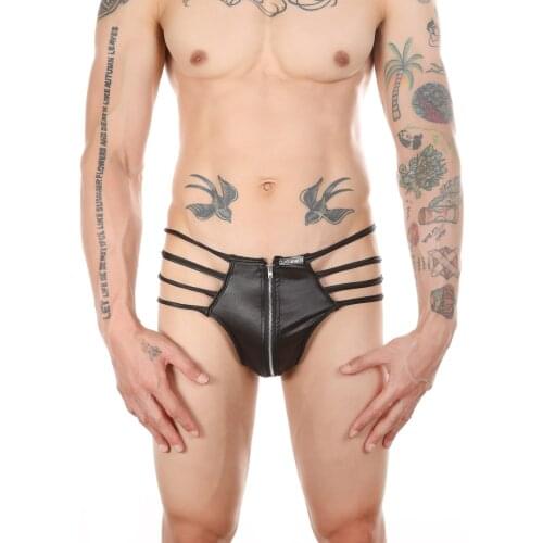 Sexy Men Jockstrap Faux Leather Thongs Underwear Zip Penis Pouch Lingerie T-back Male G String Waist Band Tangas Underpants