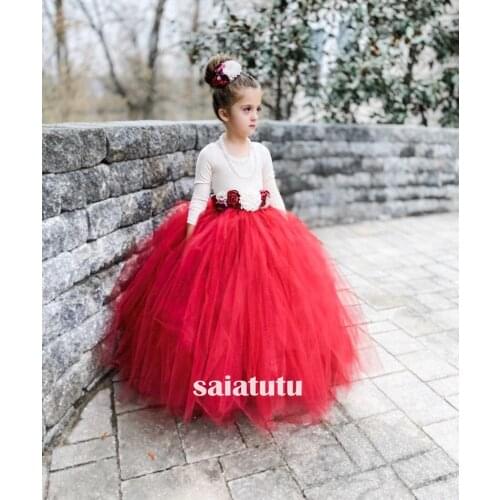 Red dancing set T-show flower girl wedding dresses children party princess kids birthday gift piano christmas tutu dress