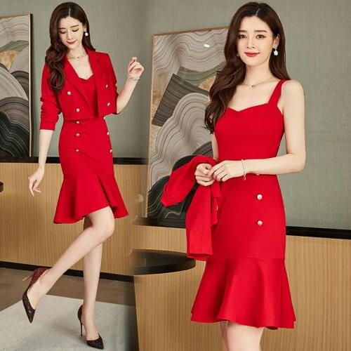 Spring and autumn womens bag hip fishtail strap dress Slim short jacket small fragrance wind red elegant lady two-piece suit