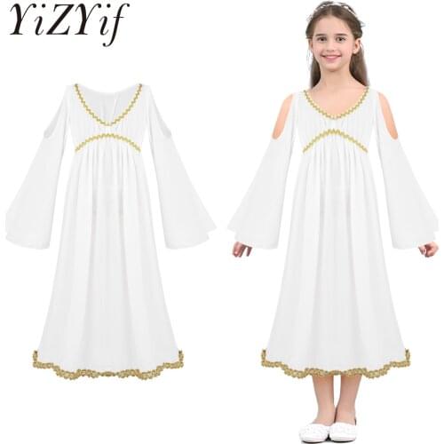 YiZYiF Kids Girls Greek Princess Dress Long Sleeves V-neckline Gold Trim Halloween Costume Cosplay Role Play Medieval Long Dress