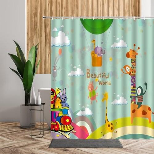 Cartoon Animal Kid Shower Curtain Cute Elephant Lion Giraffe Color Printed Bathroom Decor 3D Waterproof Bath Fabric Curtains Set