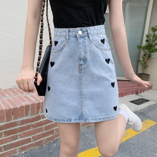 Korean loose Sweet Love Heart Print Short Jean Skirt For Women High Waist Mini Sexy Girl A-Line Cotton Denim Female Skirt 4XL