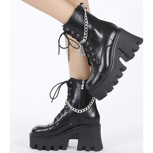 Women Ankle Boots Goth Platform Boots Female Boots Shoes on Platform High-Heeled Boots Black PU Leather Wedges Boots High Heels