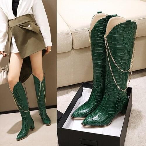 US4-13 Womens Pointy Toe Stone Pattern Knee The Thigh Boots Block High Heel Metal Chain Western Chelsea Shoes Plus SizeMA1