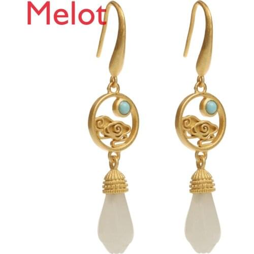 Chinese New Style Sterling Silver Hetian Jade Vintage Gold Chinese Female Elegant Earrings