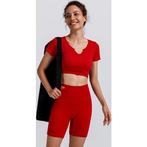 Seamless Gym Sets Women Sportswear 2PCS Fitness Suits Yoga Crop Tops&Elastic Shorts Threaded Nylon Soft Sport Tights Tracksuits