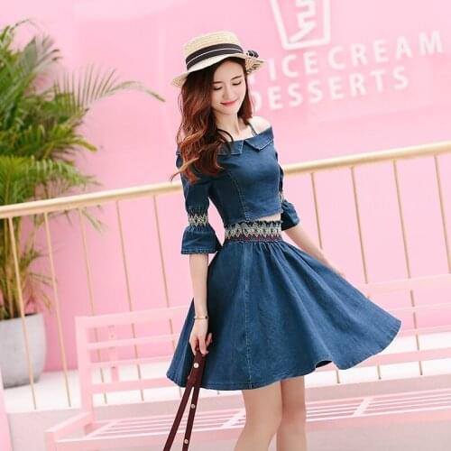 Womens Two Piece Sets 2019 Skirt Set Denim Off Shoulder Jeans Three-Quarter Sleeve Tops Jean Skirt Set OS064