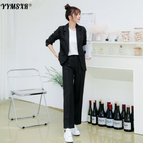 Fall 2021 New Womens Suit Pants 2-piece Set of Casual Single-breasted Ladies Jacket + Slim Cropped Trousers Black