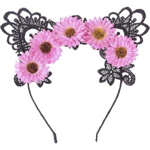 Women Halloween Lace Cat Ears Hair Hoop Artificial Sunflower Cosplay Headband