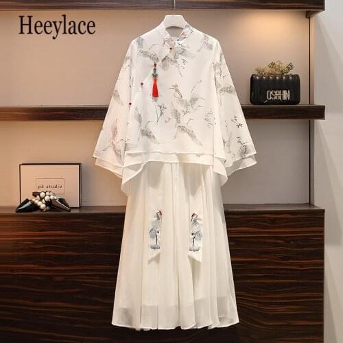 Plus Size Women Autumn chiffon Two Piece Set Vintage Chinese Style Long Sleeve Print Blouses and Embroidery Long Skirts suits