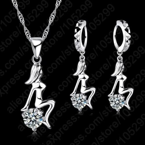 Elegance Dance Girsl Figure Real 925 Sterling Silver Necklace/Earrings Nice Party Gifts Jewelry Sets with Clear CZ Stones