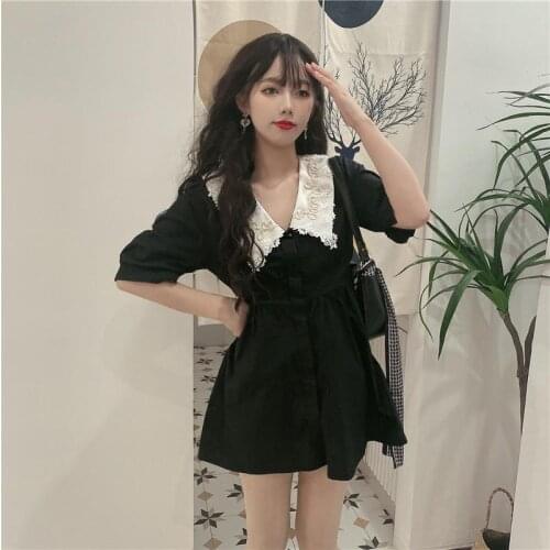 White Peter Pan Collar Women Puff Short SLeeve Dresses Black Lolita Lady Mini Empire Dress Summer Single Breasted Goth Vestidos