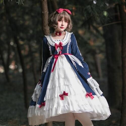 Spring White Blue Luxury Fashion Lolita Dress Gothic Lolitas Victorian Dress Robe Victorienne Women Chiffon Lace Long Sleeve Op