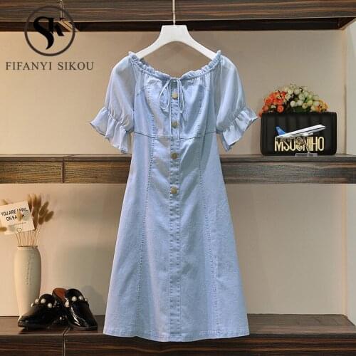 2020 Summer Women Thin Denim Dress Fashion V-Neck Short Sleeve Casual Jeans Dress Female Loose Plus Size Dress High quality