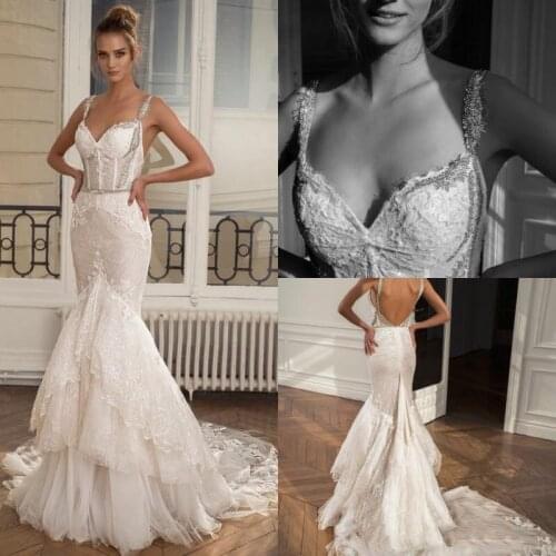 Shiny Sequins Mermaid Wedding Dresses Spaghetti Neck Tiered Ruffles Skirts Bridal Gowns Sleeveless Backless Wedding Dresses