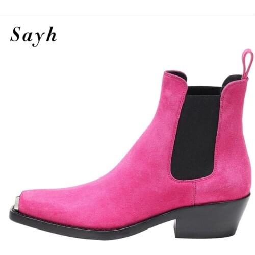 Fashion Women Ankle Boots Patchwork Patent Leather Suede Metal Pointed Toe Chunky Heels Rome Punk Modern Boots Chelsea Shoes