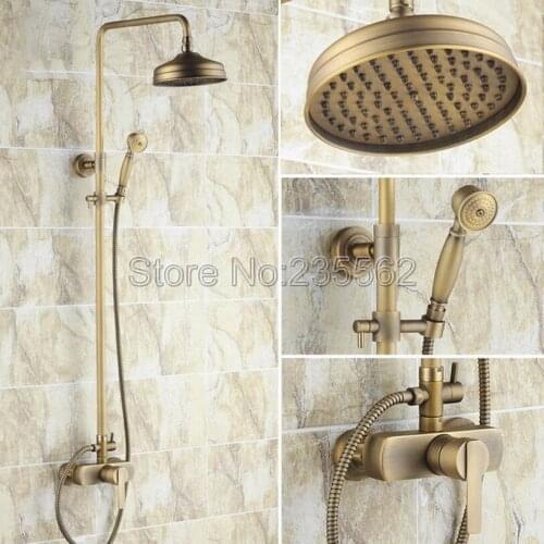 Antique Finish Rainfall 8" inch Brass Shower Set Faucet Single Handle Shower Mixer Tap with Handheld Shower lrs173