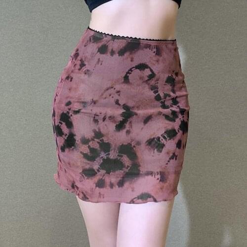 Double Layer Mesh Tie Dye Print Mini Skirt Women Bodycon Y2K Harajuku Hem Waist Straight Ruffle Skirts Gothic High Korean S S2S4