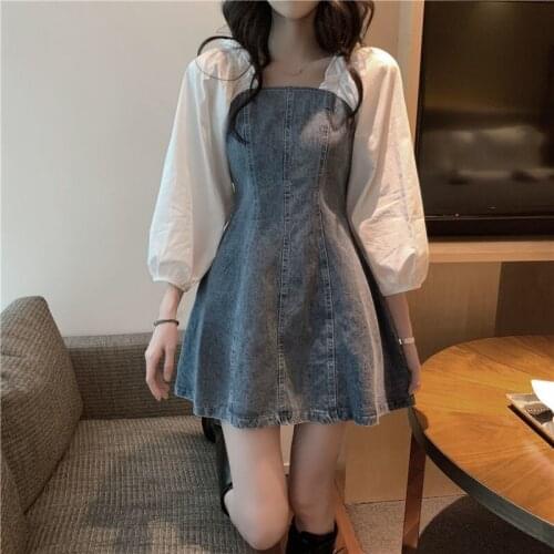 Denim Dress 2021 Puff Sleeve Mini Long Sleeve Dress Woman Vintage Patchwork Off Shoulder Plus Size Dresses Korean Cute Clothes