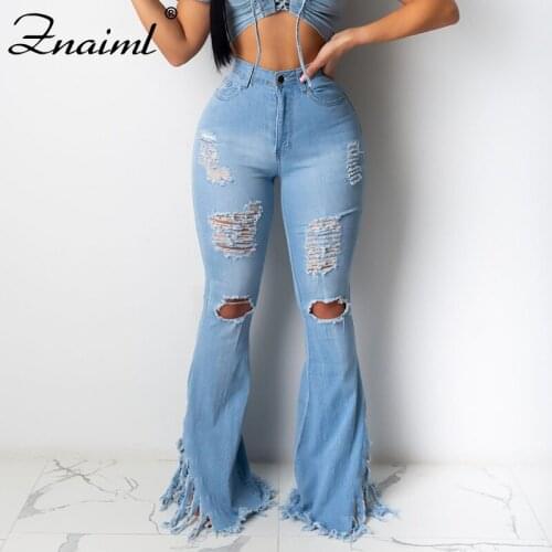 Znaiml Spring Autumn Women Flare Jeans Pants Thin Vintage Tassels Tear Denim Ladies High Waist Stretch Pocket Wide Leg Trousers