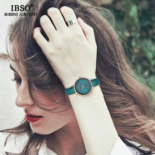 IBSO Brand 36mm Dial Simple Women Watches 2021 Green Leather Strap Quartz Watch Women Fashion Ladies Clock Montre Femme