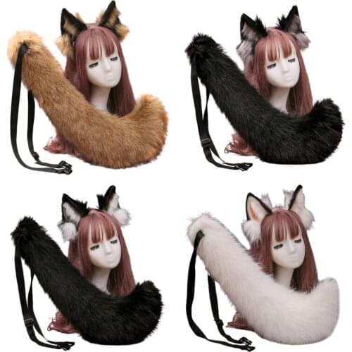 Faux Fur Wolf Ears Headband and Furry Anmimal Long Tail Set Halloween Party Anime Lolita Masquerade Cosplay Costume