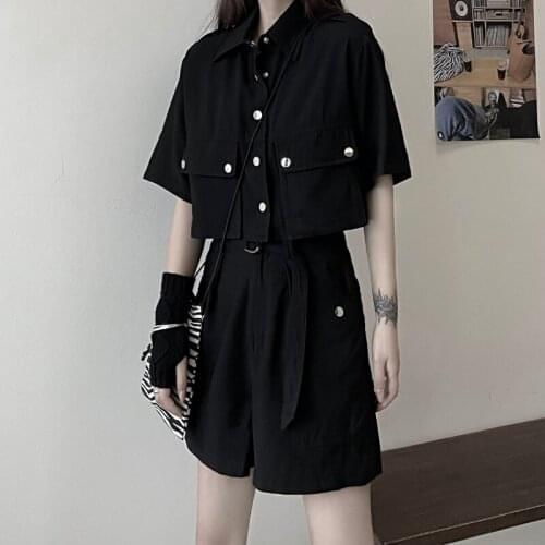 JMPRS Cargo Women 2 Piece Set Summer Plus Size Loose Short Sleeve Crop Shirt Gothic Black Fashion High Waist Shorts Female Suit