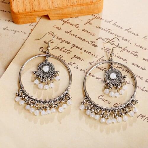 Classic Womens Big Round Silver Color Earrings Vintage Bohemia Boho Beaded Tassel Earrings Ethnic Tribe Indian Jewelry