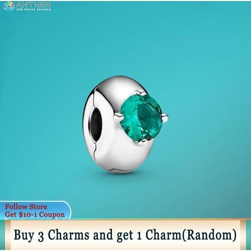 Ahthen 925 Sterling Silver Beads Green Round Solitaire Clip Charm fit Original Pandora Bracelets for Women Jewelry Making Gift