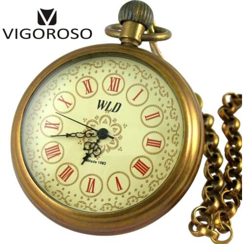 VIGOROSO Collectible Gift Antique 1882 Old Pure Copper Hand Winding Mechanical Pocket Watch FOB Chain Pendant Retro Luxury Clock