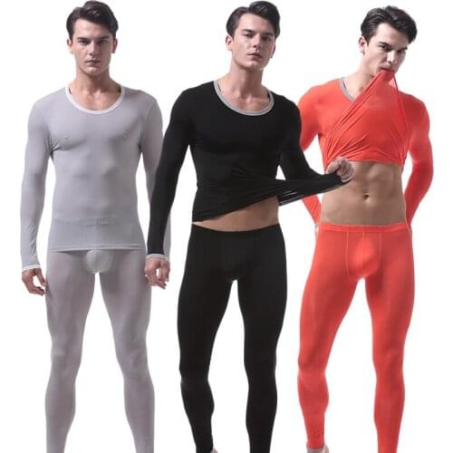 Mens Long Johns Underwear Set Ice Silk Ultra Thin Tops Pants Long Sleeve T-shirt Long Johns Sets Warm Nightwear Sleepwear New