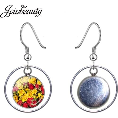 JOINBEAUTY Yellow Red Rose Flowering Shrubs Round Earrings Glass Cabochon Dome Dangle Earrings Beautiful Girl Accessories RS05