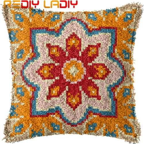 Latch Hook Cushion Mandala Flowers Pillow Case Acrylic Yarn Pre-Printed Color Canvas Crochet Cushion Cover Christmas Decoration