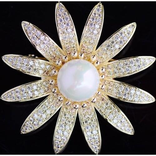 OKILY Lovely Plant Pins and Brooch Simulated Pearl Sunflower Micro Pave Zirconia Brooches Jewelry for Family New Year Gift