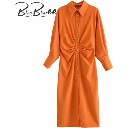 BlingBlingee Orange Midi Pencil Dress 2021 Autumn Wrist Sleeve Ruched Detail Women Single Breasted Casual Shirt Dress Female