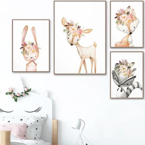 Baby Girl Gift Nursery Decoration Woodland Animals Posters Print Watercolor Flowers Animal Canvas Painting Wall Pictures