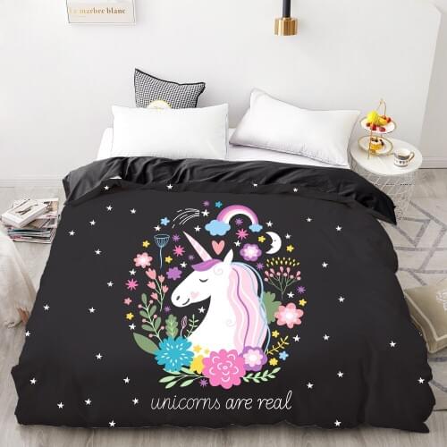 3D HD Digital Printing Custom Duvet Cover,Kids Child baby Quilt/Blanket case Queen King Cartoon Bedding,Bedclothes Black unicorn
