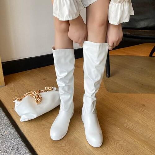 Sexy Womens Leather Boots Pleated INS Knee Flat Boots Lady Riding Botas 2021 Fashion Winter Warm Plus Size Womens Designer Boot